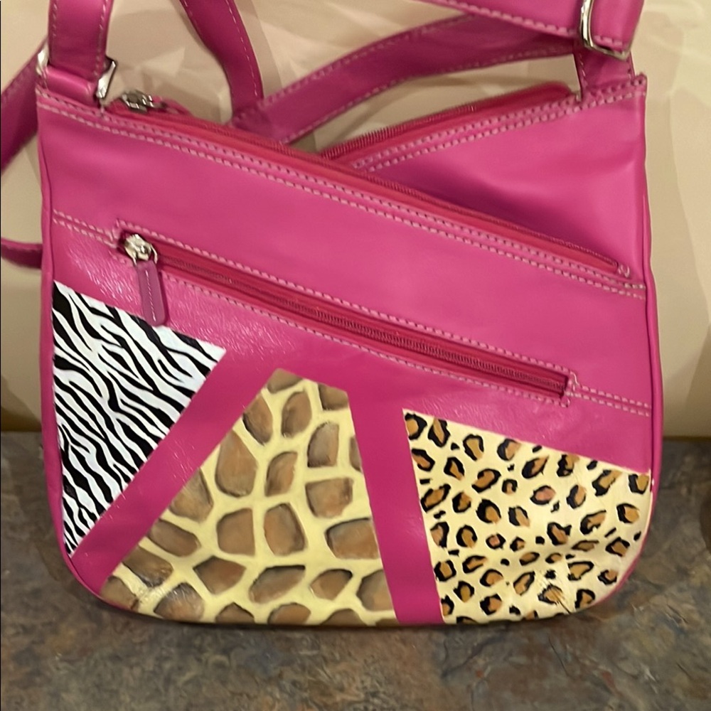 Pink High Quality Leather Crossbody Bag with Hand Painted Art